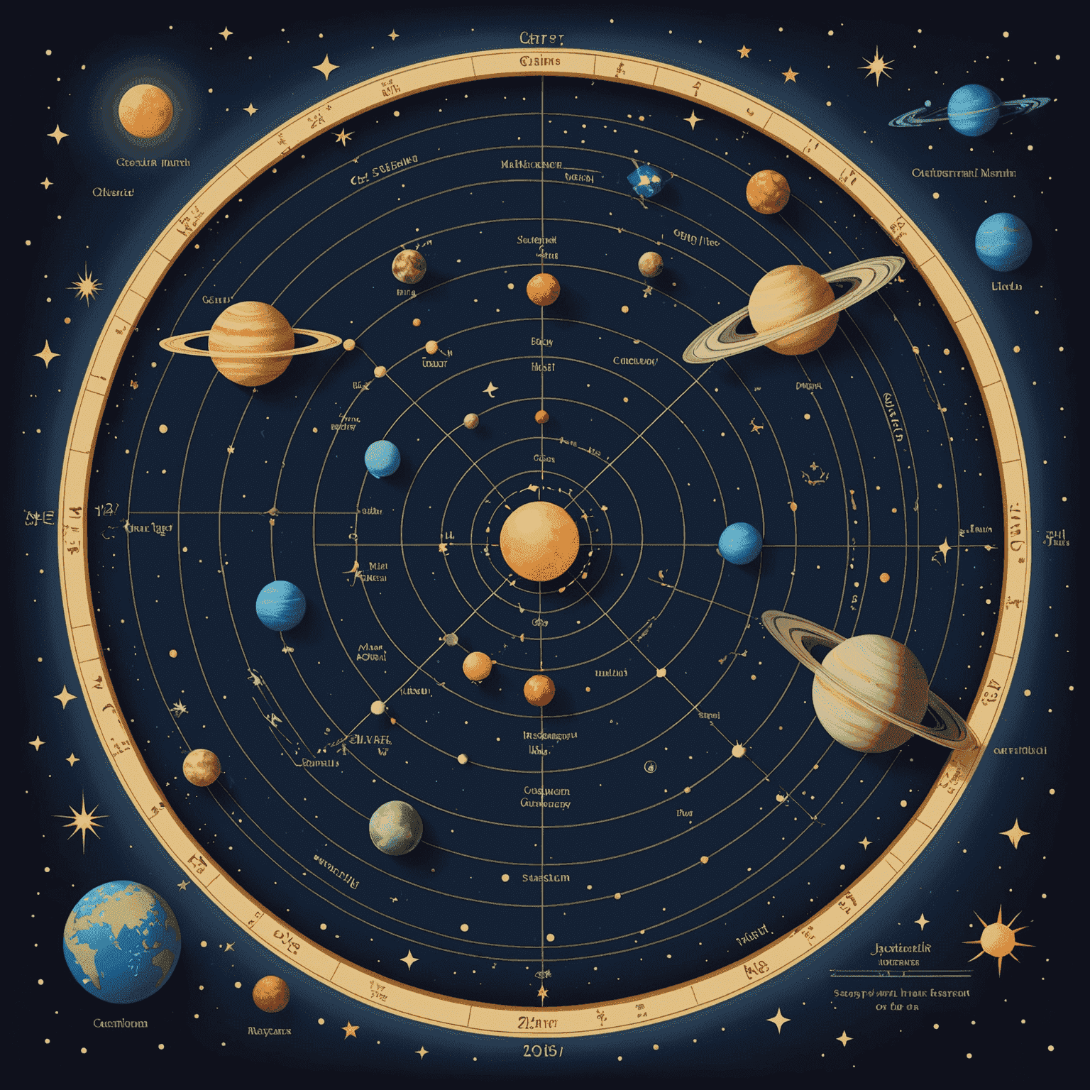 Image représentant une carte du ciel nocturne avec des constellations et des planètes en mouvement, illustrant les événements célestes du mois