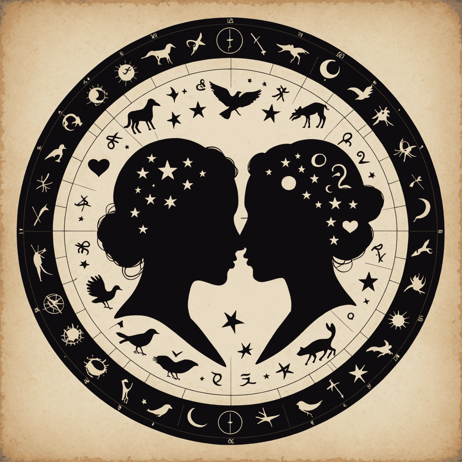 Illustration de deux silhouettes humaines entourées de symboles zodiacaux, représentant la compatibilité amoureuse