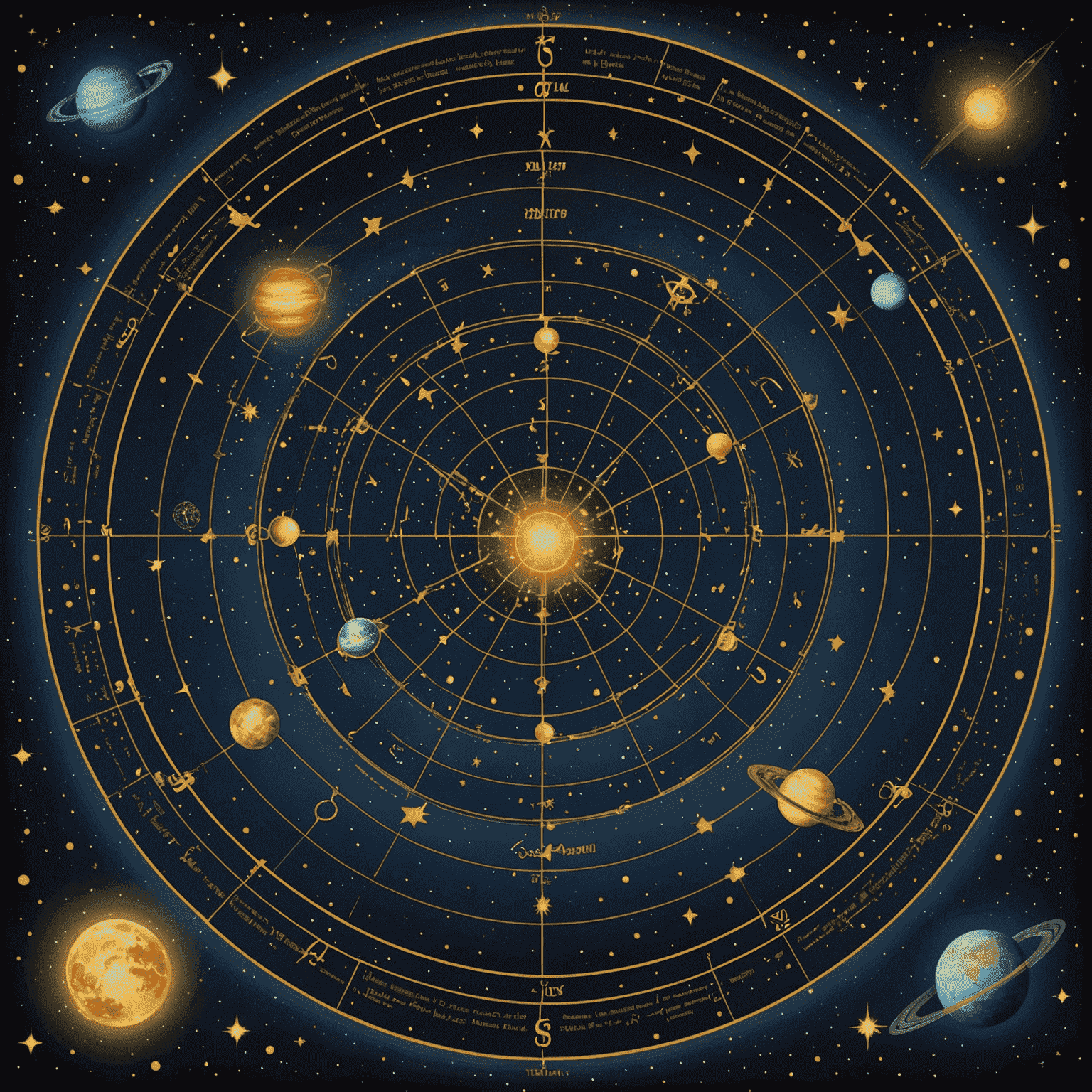 Image représentant une carte du ciel détaillée avec des constellations brillantes, des planètes en mouvement et des lignes d'énergie cosmique traversant un fond de ciel nocturne profond. Au centre, un zodiaque doré tourne doucement, symbolisant le passage du temps et les cycles de la vie.