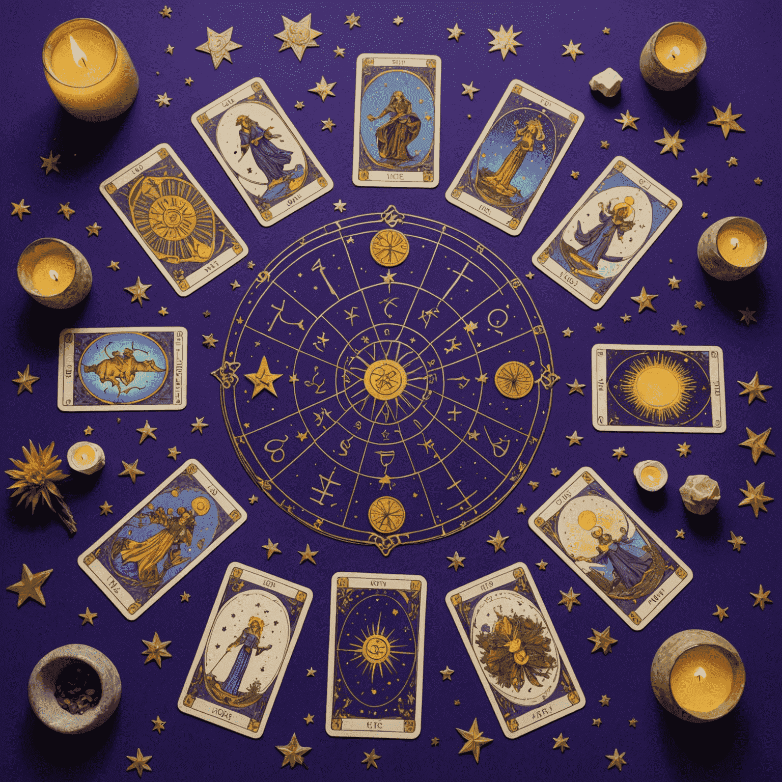 Une image mystique d'un jeu de cartes de tarot étalé sur une table violette avec des étoiles et des symboles zodiacaux flottant autour