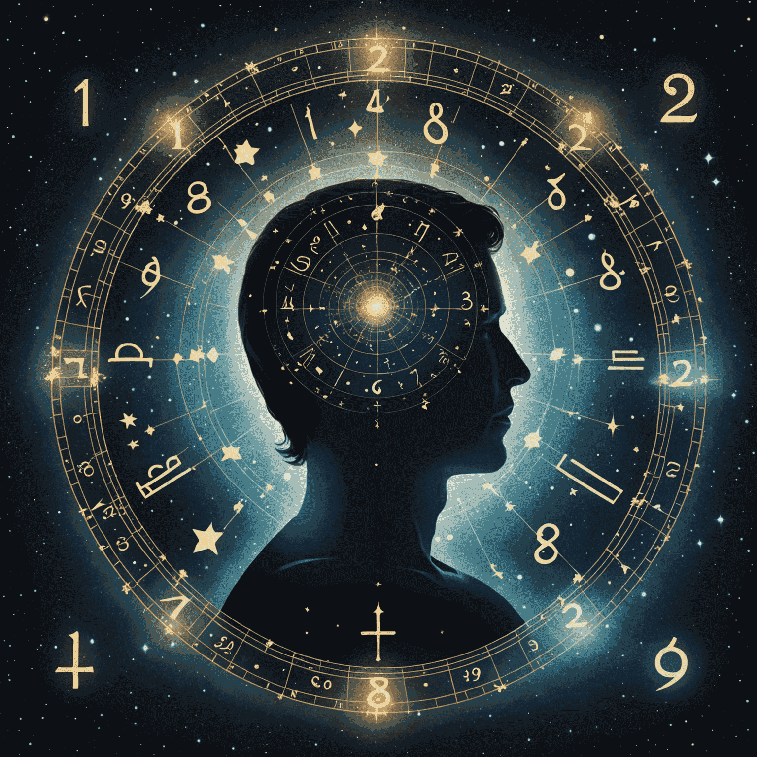 Image représentant un rapport de numérologie avec des chiffres mystiques flottant autour d'une silhouette humaine, entourée d'étoiles et de symboles zodiacaux